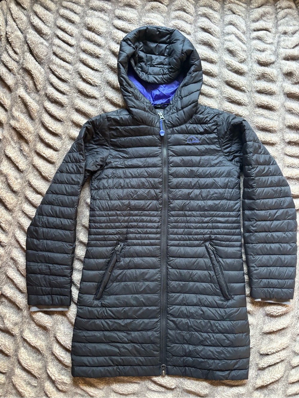 L.L. Bean Black Long Hooded Puffer Coat with Purple Lining